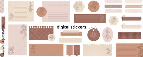 Floral digital stickers. Digital note papers and stickers for bullet journaling or planning. Digital planner stickers. Vector art.