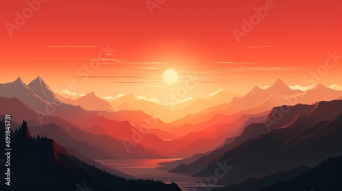  a painting of a sunset over a mountain range with a lake in the foreground and mountains in the background.