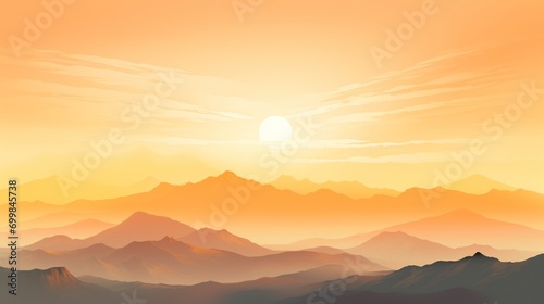  a sunset view of a mountain range with a bird flying in the foreground and the sun in the distance. © Anna