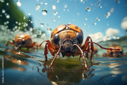 A group of beetles participating in a synchronized swimming routine in a puddle, showcasing the unexpected talents of aquatic insects. Concept of synchronized beetle swimming. Generative Ai. photo
