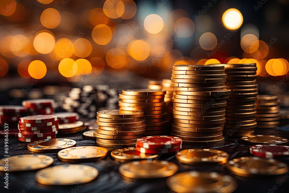 Poker chips, gambling coins, four tokens with card signs of diamond, heart, spade and club on casino background. chip for online casinos and mobile gambling applications, poker - winner concept Poker chips, gambling coins, four tokens with card signs of diamond, heart, spade and club on casino background. chip for online casinos and mobile gambling applications, poker - winner concept