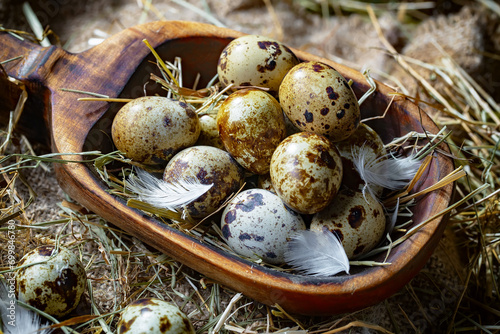 Fresh quail eggs in a nest of dried grass blades. A tasty ingredient for preparing any healthy food.