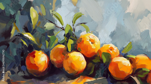 Oranges oil paint drawing. Fruit in a painting in the Impressionist style. Canvas texture with big brush strokes. 
