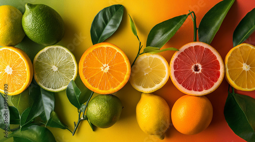 Colourful citrus slices with leaves on the yellow red background. Orange  lemon  lime and other citrus fruits on the table. Summer fresh food.