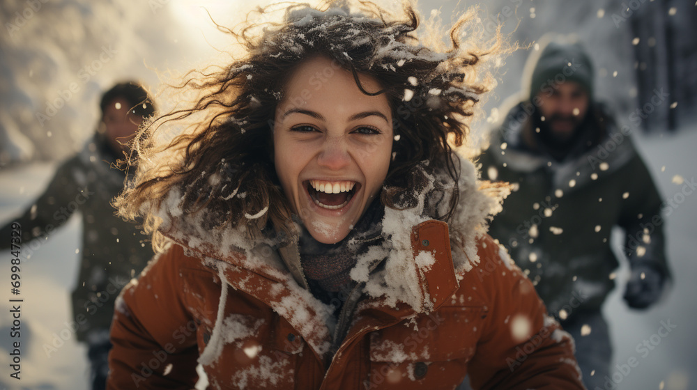 Girl playing snowball outside in winter