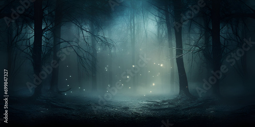 Dark Winter Forest,Enchanting Backdrop,Scary Cold Halloween ,Night scene with tree and stars, generative AI