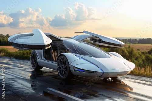 A futuristic flying car looking like a drone.