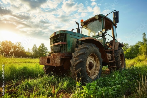 A large tractor on a farm working on a field.