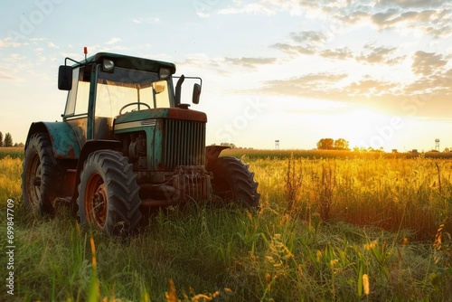 A large tractor on a farm working on a field.