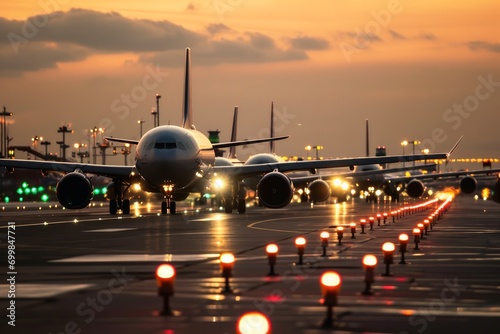 Several large passenger planes are stuck in a traffic jam at a traffic light. photo