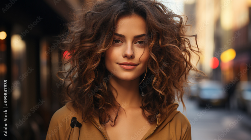 portrait of a stylish girl with beautiful wavy hair, on the street