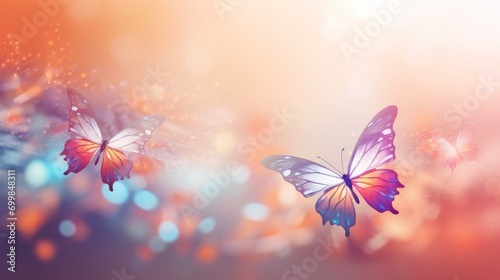 Vibrant butterflies against a background with bokeh. Pastel colors. Banner with copy space. Ideal for design, decoration, promotional materials, wallpapers, print media or nature-themed content.
