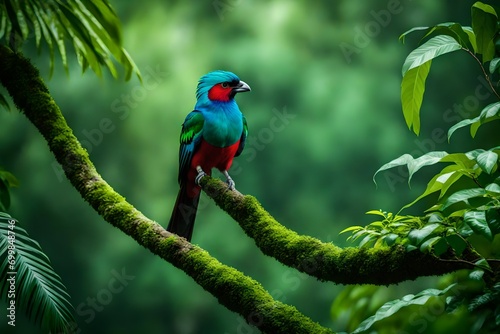 Beautiful bird in nature tropic habitat. Resplendent Quetzal, Pharomachrus mocinno, Savegre in Costa Rica, with green forest backg photo