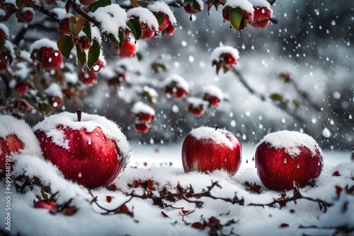The first snow fell in the garden. it covered all the apple trees and the ground with a fluffy white carpet, on which the red apples stood out brightly, like drops of blood  photo
