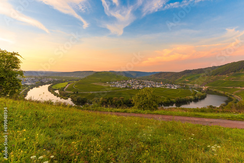 Colorful sunset on the Moselle. Moselle loop near Trittenheim.