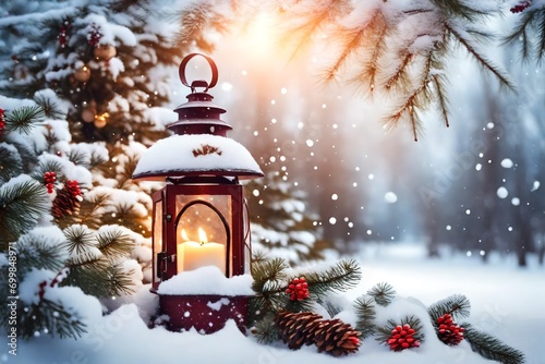 Christmas lantern in snow with fir tree branch. Winter cozy scene  photo