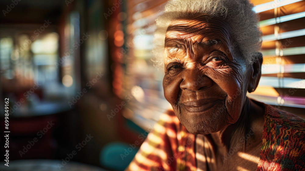 Older African-American woman sitting in coffee Shoppe coordinate with a beautiful smile looking toward camera with lights on window coming through blinds