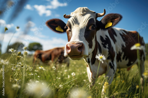 A snapshot of a cow grazing in a pasture, highlighting the symbiosis between the cow's digestive system and the microbes that aid in digestion. Generative Ai. photo