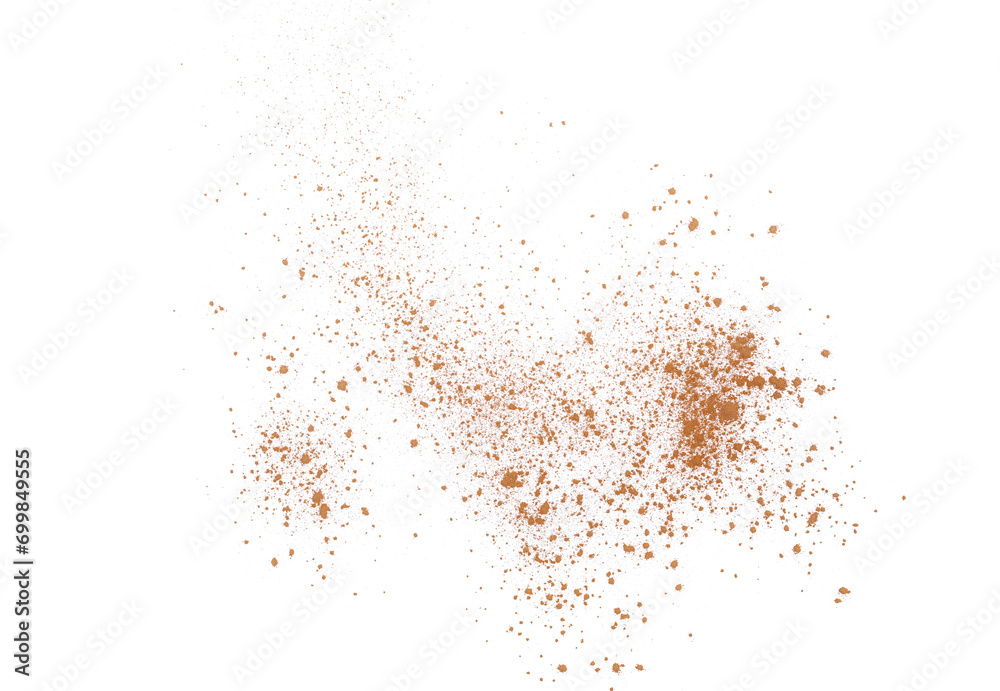 Cinnamon Ceylon ground, pile scattered isolated on white, clipping path