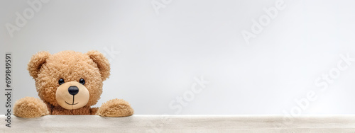 Teddy bear on a neutral background, banner with copy space