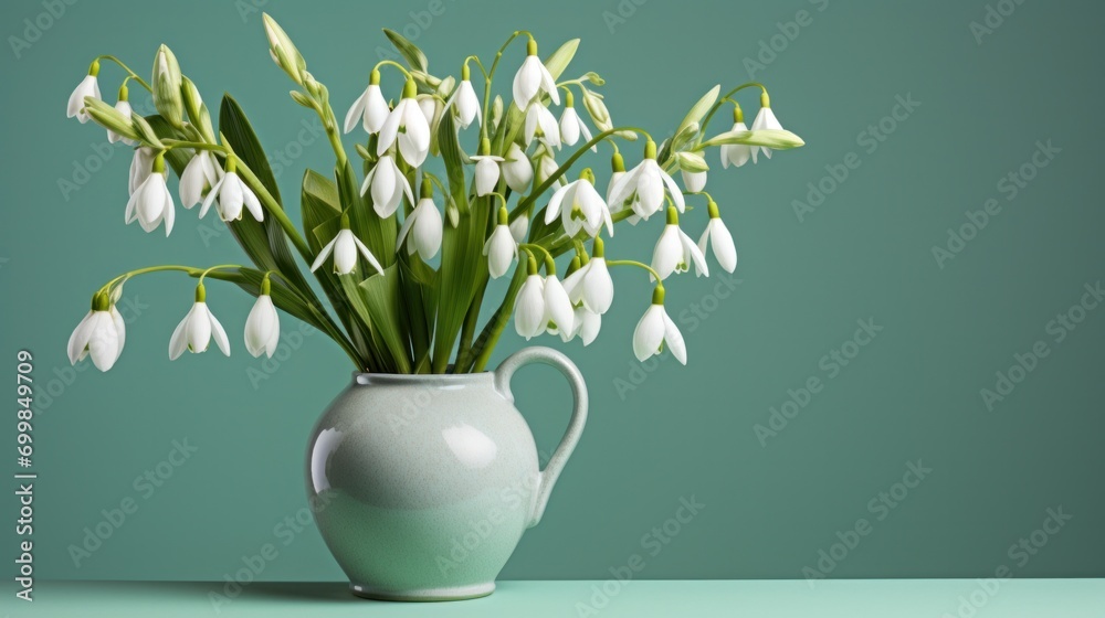 Snowdrops elegantly displayed in a green vase, a celebration of spring's delicate dance.