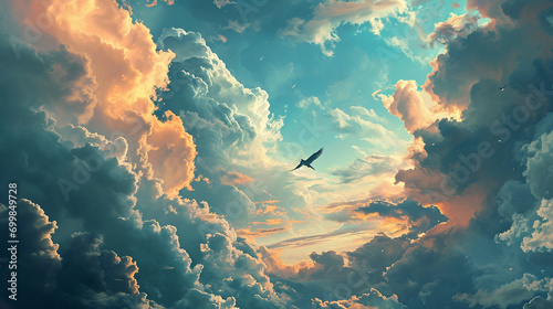 Flight of Imagination:  A dreamer soaring through a surreal sky on the wings of imagination, surrounded by vibrant clouds and whimsical landscapes