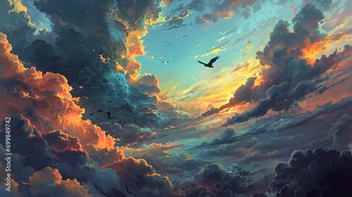 Flight of Imagination: A dreamer soaring through a surreal sky on the wings of imagination, surrounded by vibrant clouds and whimsical landscapes