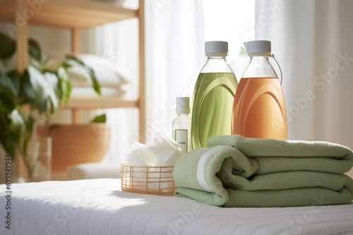 Bottle of fabric conditioner and clean towels in the laundry room photo