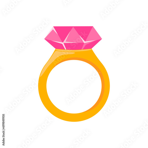 Engagement ring with bright pink diamond. Love confession and Proposal gift for Valentine's day. Vector illustration on white background. Detailed cartoon element