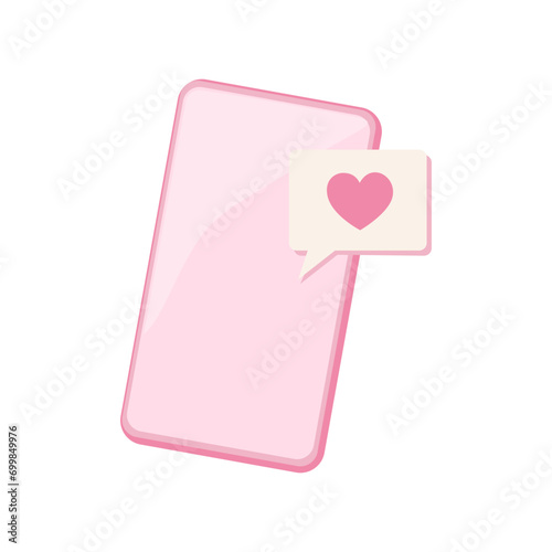 Bright pink illustration of receiving love message, heart and confession with mobile phone for Valentine's day. Vector cartoon element illustration on white background