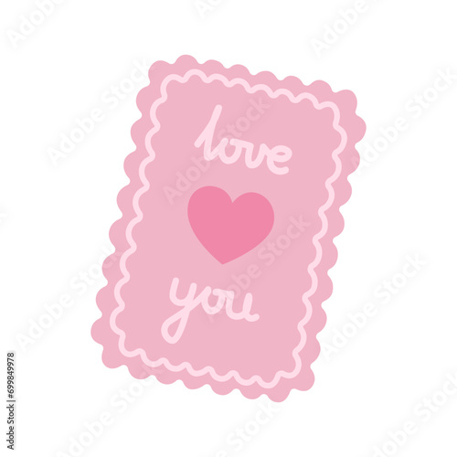 Pink greeting card letter with love confession and heart for Valentine's day. Vector illustration on white background. Cartoon element for holiday patterns, packaging, designs