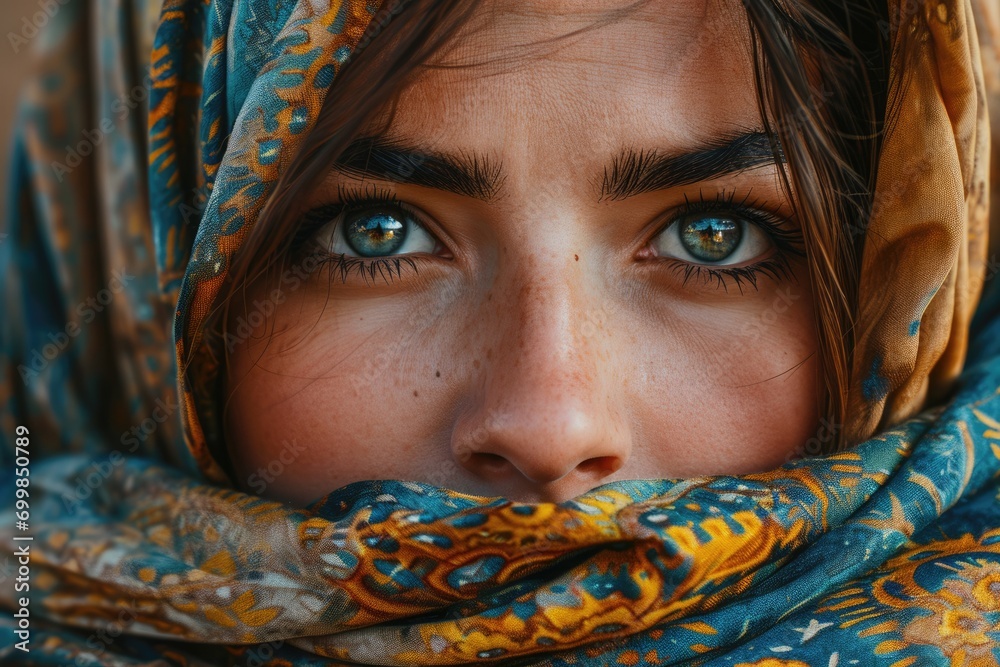 Beautiful Muslim girl from the east, Arab young woman in a headscarf, hijab, close-up portrait of beautiful eyes, freckles Palestine, Oman, Morocco