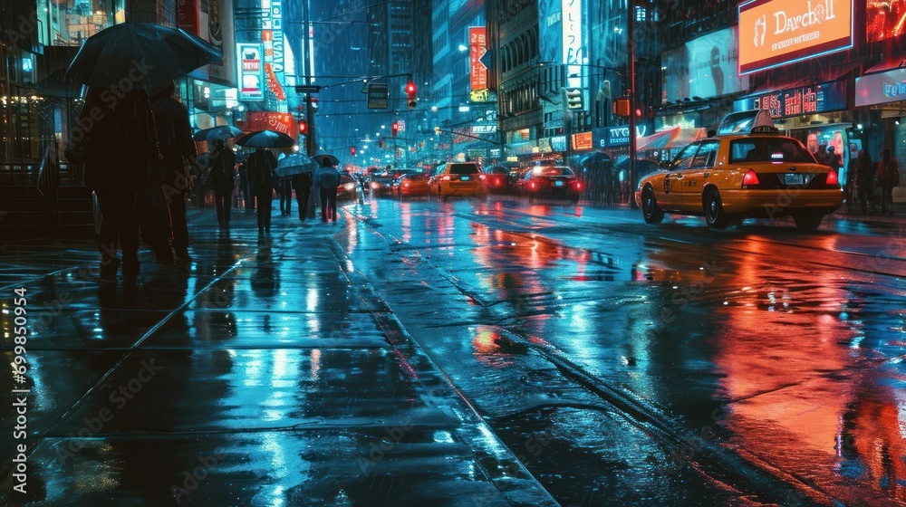 A bustling city street in the rain with reflections of neon lights on wet pavement