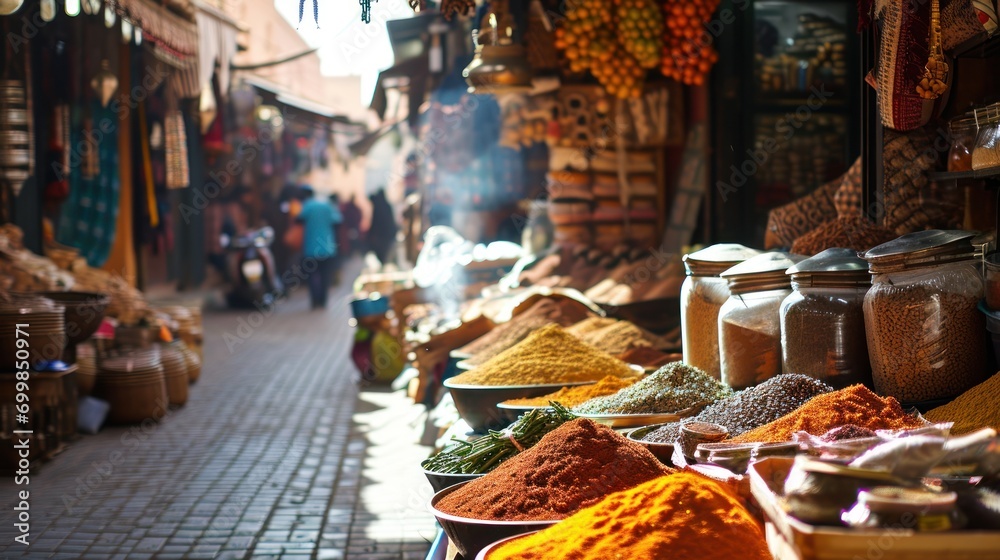 A bustling open-air market in Marrakech with vibrant spices, handcrafted goods, and lively street performers