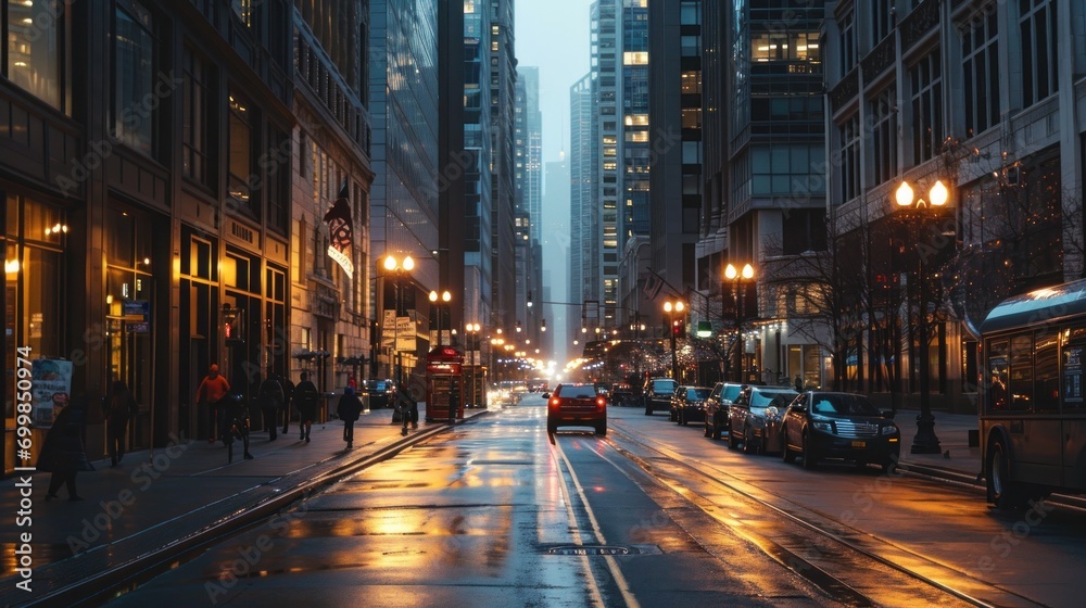 A bustling metropolitan street at dawn with skyscrapers and early morning joggers