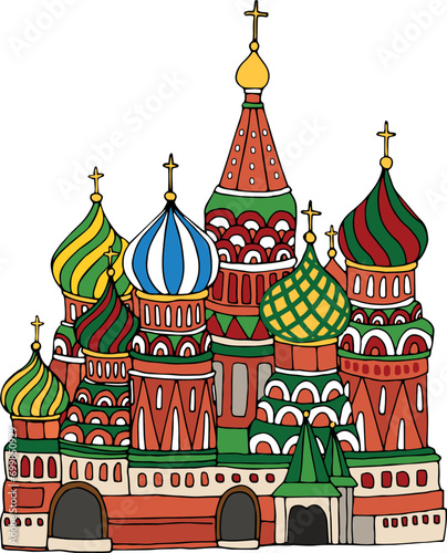 Detailed colorful flat drawing of the Russian historical landmark monument of the SAINT BASIL'S CATHEDRAL, MOSCOW