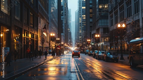 A bustling metropolitan street at dawn with skyscrapers and early morning joggers