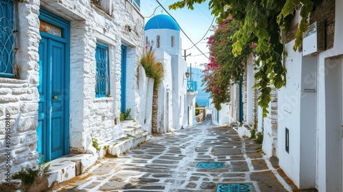 Fototapeta Naklejka Na Ścianę i Meble -  A charming seaside village in Greece with white-washed houses, blue domes, and narrow cobblestone streets