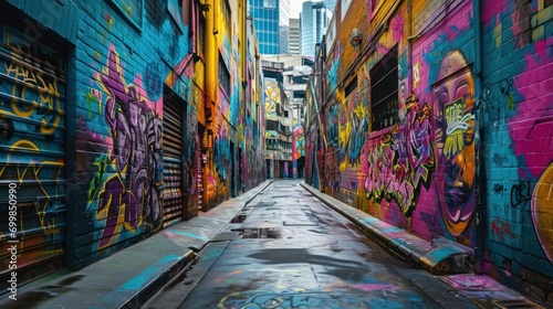 A colorful street art mural in an urban alley, depicting vibrant city life photo