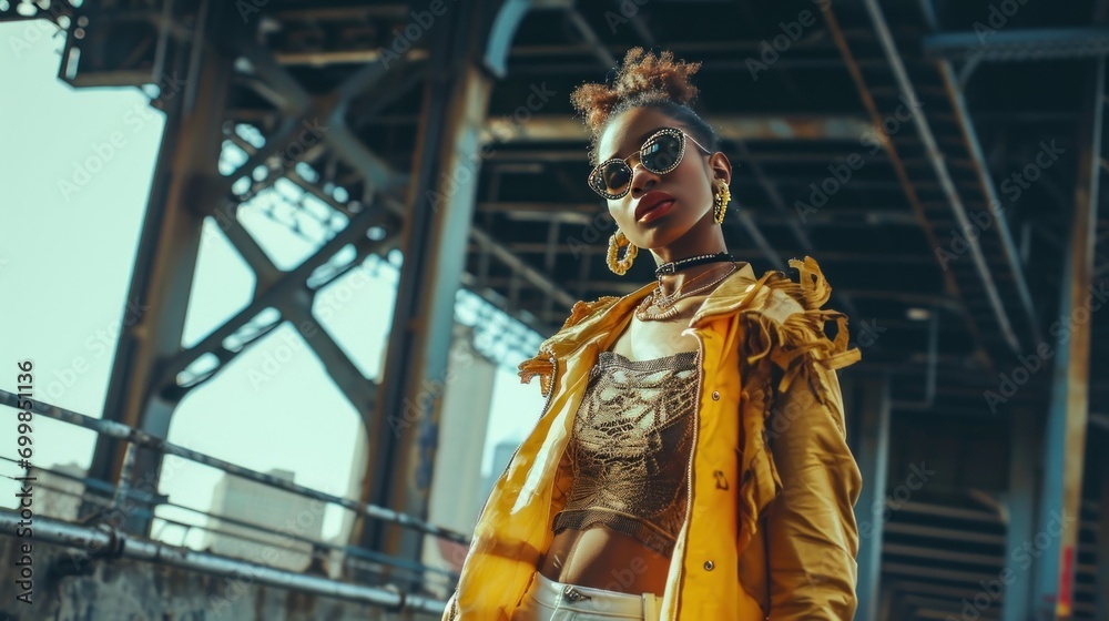 A high-fashion photo shoot in an urban setting with models, photographers, and unique outfits