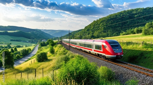 A high-speed train speeding through a picturesque countryside landscape