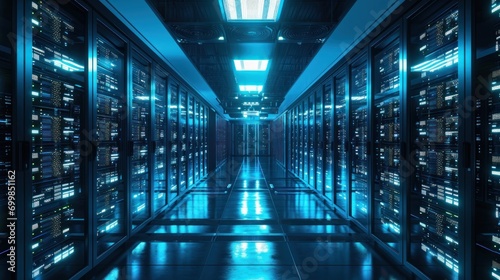 A high-tech data center with rows of servers and pulsing LED lights