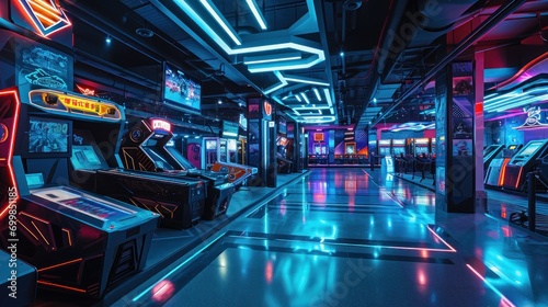 A high-tech gaming arcade with virtual reality stations, e-sports competitions, and interactive gaming zones photo