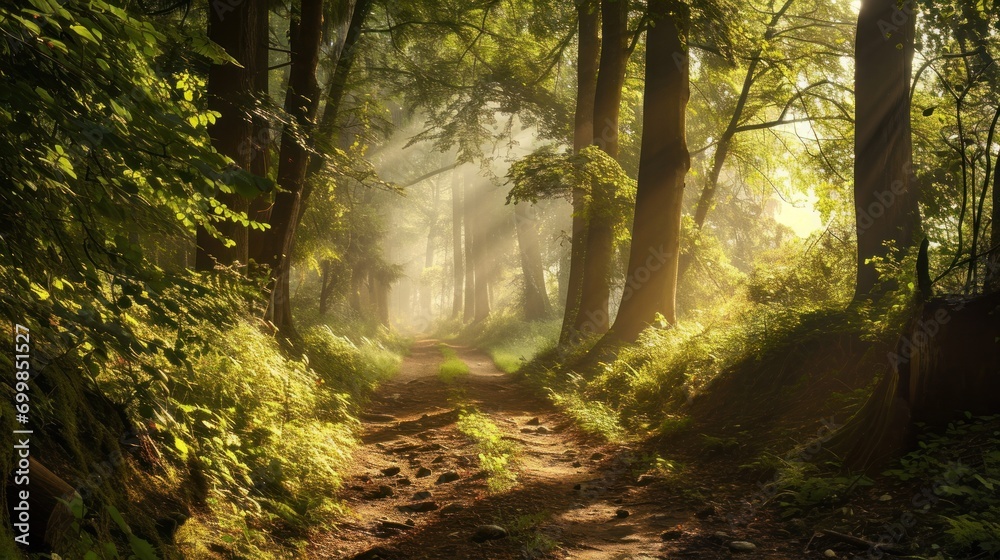 A magical forest path with sunlight filtering through the trees.