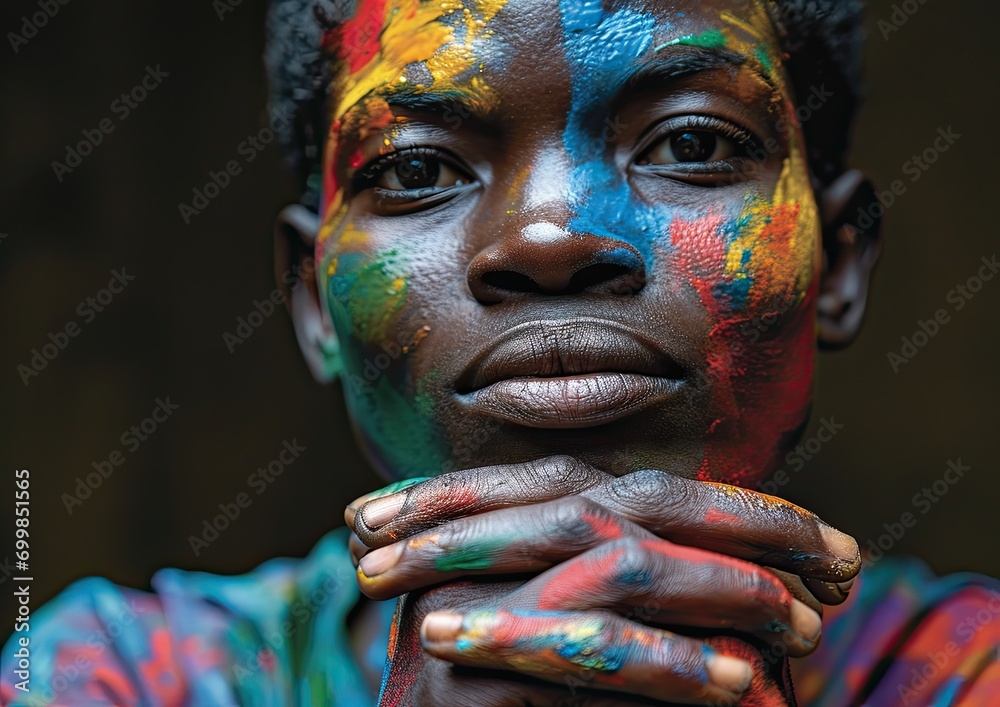 Portrait of person with colorful paint on face and hands