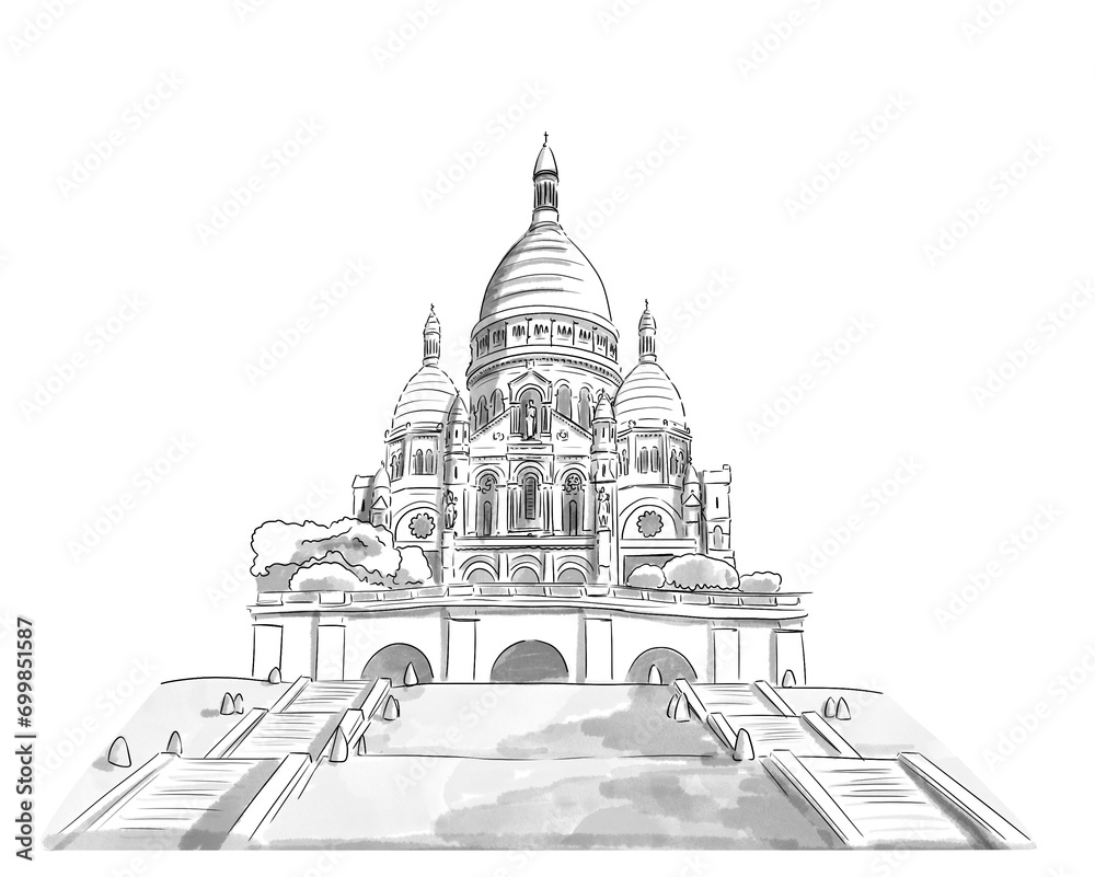 Illustration en noir et blanc de monument de Paris, Basilique du Sacré-Coeur, colline de Montmartre