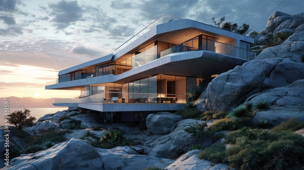 A modern architectural wonder with sleek lines, glass facades, and innovative design