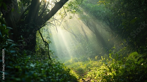 A magical forest with light rays and mystical creatures photo