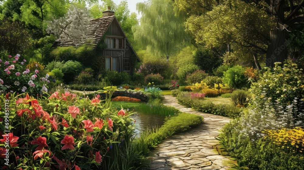 A peaceful cottage garden with blooming flowers, a small pond, and a winding path
