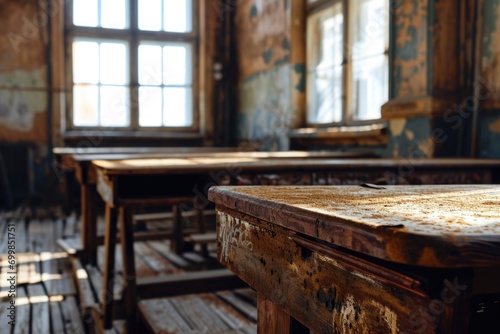 Room of an old school with empty wooden desks, learning and teaching concept. Generative AI